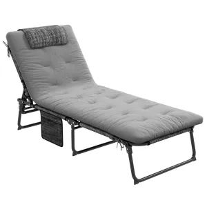 Folding Chaise Lounge Pool Chair, 4-level Reclining Back, Cushion, Side Pocket, Headrest, Gray