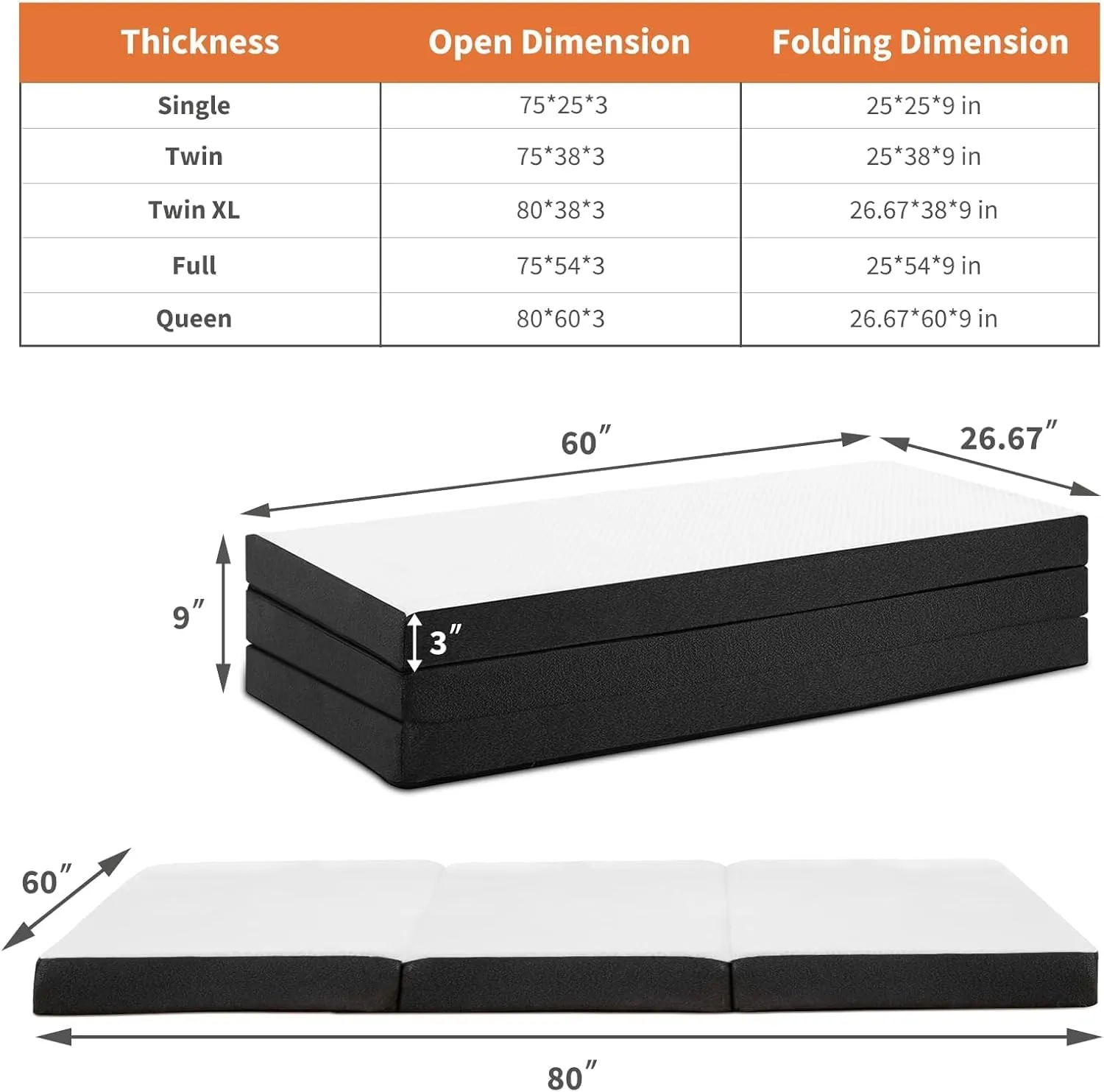 Folding Mattress, 3-inch 4-inch Trifold Memory Foam Mattress Topper with Washable Cover, Foldable Floor Mattress Guest Bed Camping, Road Trip, Full or Queen
