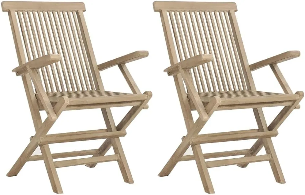 Folding Patio Chairs 2-Pack Solid Teak Wood Outdoor Furniture Gray 22x24x35 Inch Foldable Garden Seating with Slatted Design for Poolside Backyard Beach