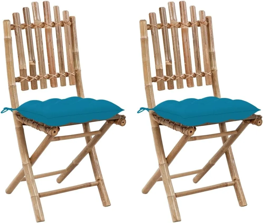 Folding Patio Chairs 2 Pcs with Cushions Bamboo Outdoor Chairs for Garden, Patio, and Dining, Light Blue Cushions, Comfortable & Durable, Foldable for Easy Storage