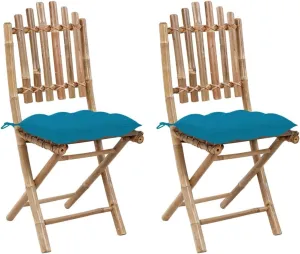 Folding Patio Chairs 2 Pcs with Cushions Bamboo Outdoor Chairs for Garden, Patio, and Dining, Light Blue Cushions, Comfortable & Durable, Foldable for Easy Storage