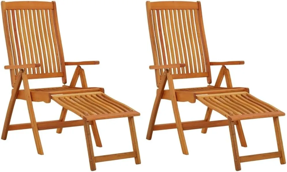 Folding Patio Chairs with Footrests 2 pcs Solid Wood Eucalyptus Outdoor Reclining Lounge Chairs for Garden, Terrace, and Patio with Adjustable Backrest and Practical Footrests