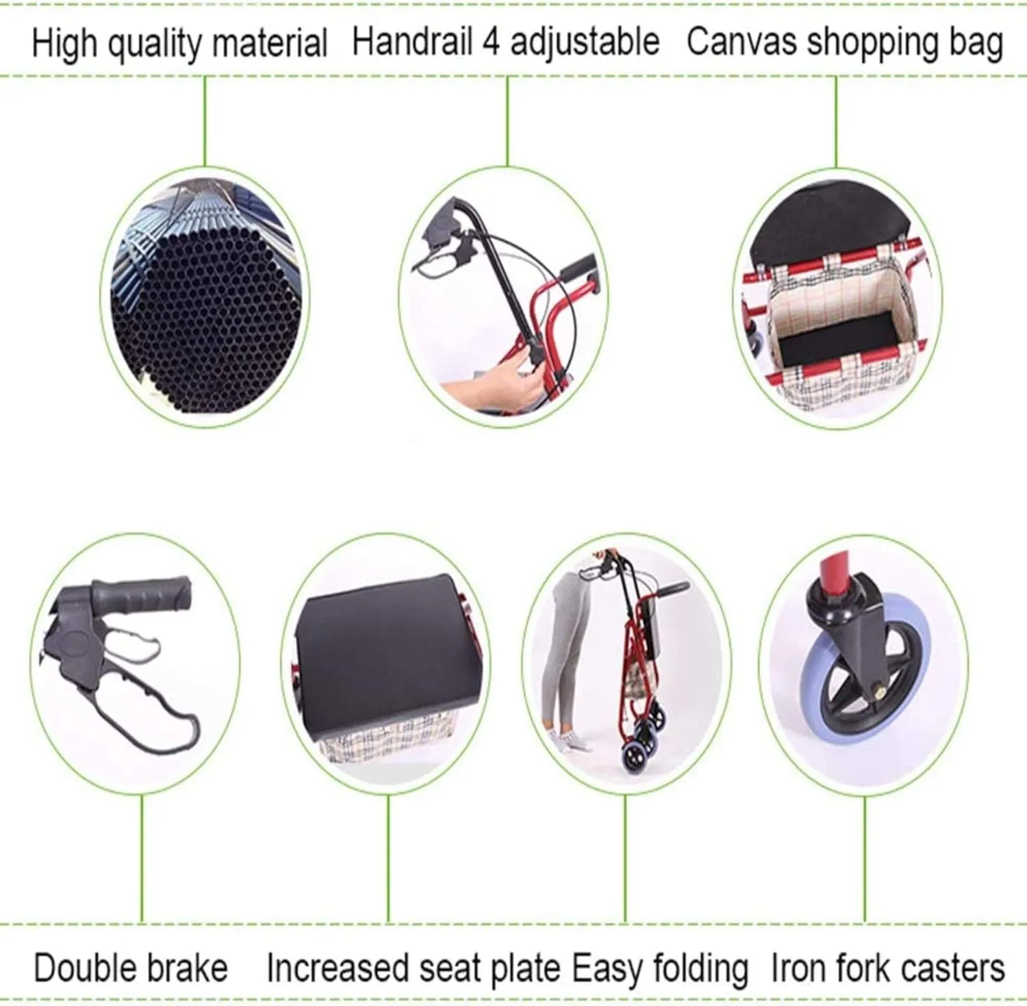Folding Rollator Rollator Walker, Folding Walking Frame with Padded Seat Lockable Brakes Ergonomic Handles and Carry Bag Lightweight Mobility Aid Adjustable Height for Elderly