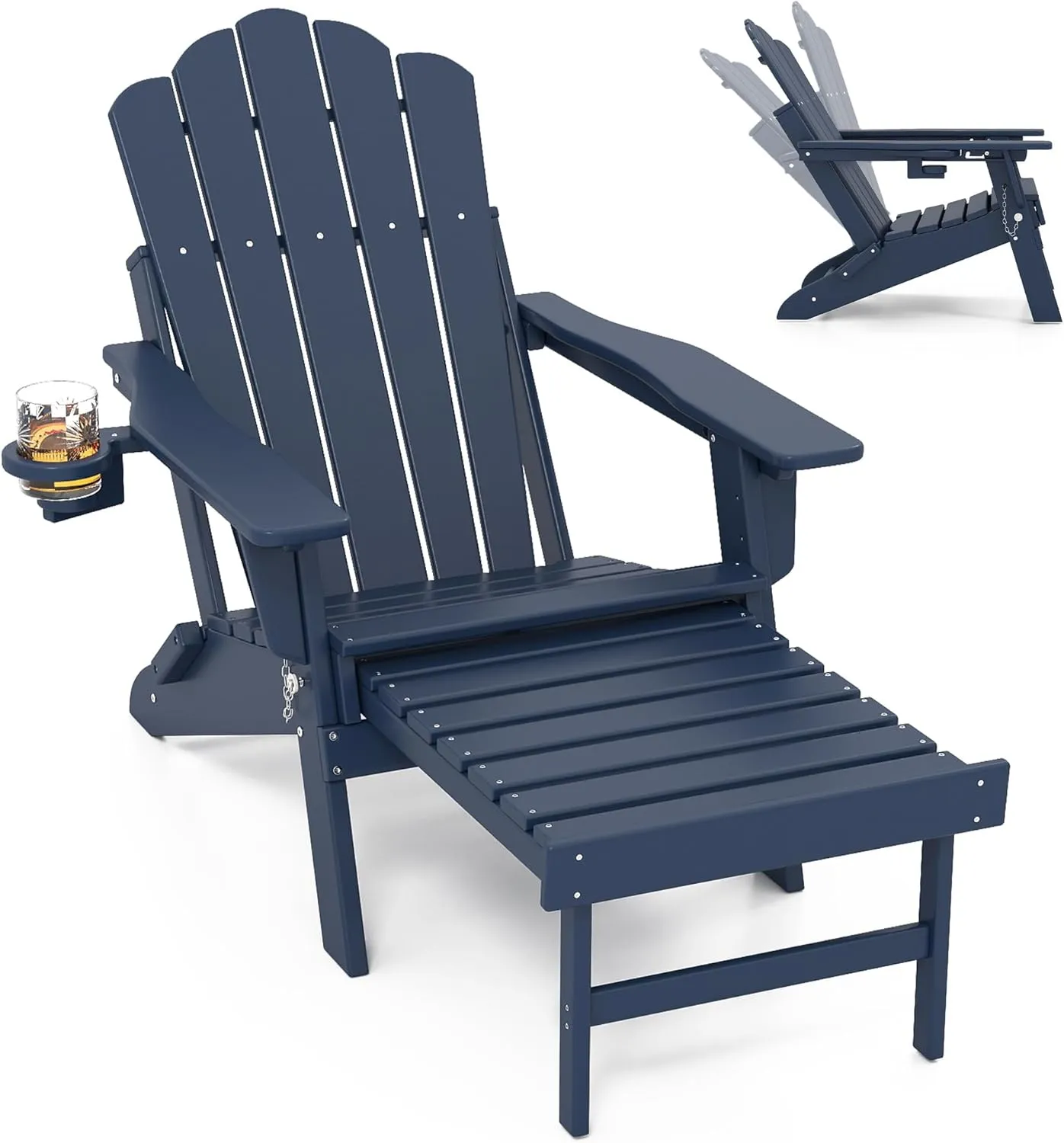 FOOWIN Adjustable Adirondack Chair with Retractable Ottoman, Folding Adirondack Chair with Cup Holder, HDPE All-Weather Fire Pit Chair for Patio, Yard, Poolside, Navy Blue