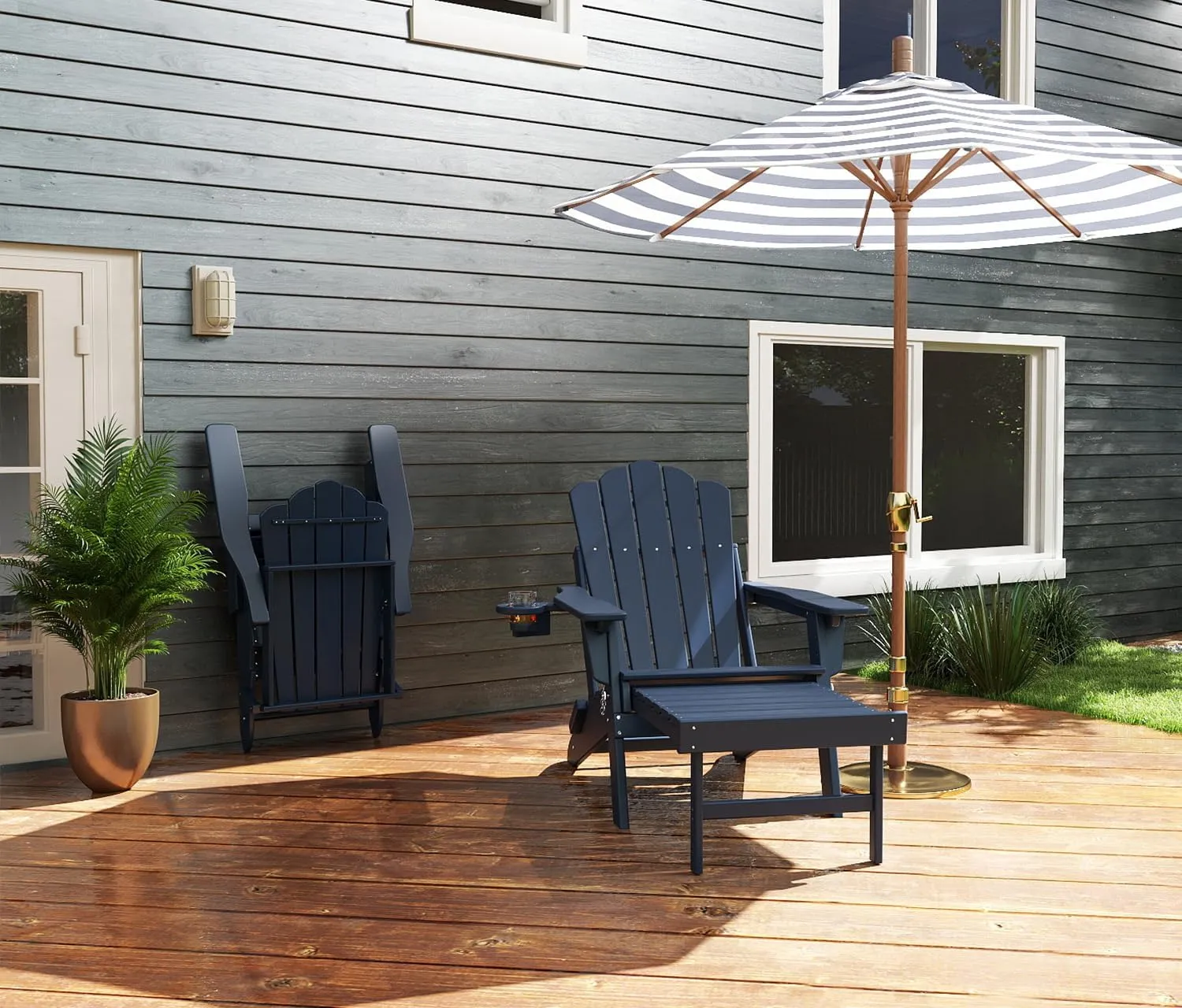 FOOWIN Adjustable Adirondack Chair with Retractable Ottoman, Folding Adirondack Chair with Cup Holder, HDPE All-Weather Fire Pit Chair for Patio, Yard, Poolside, Navy Blue