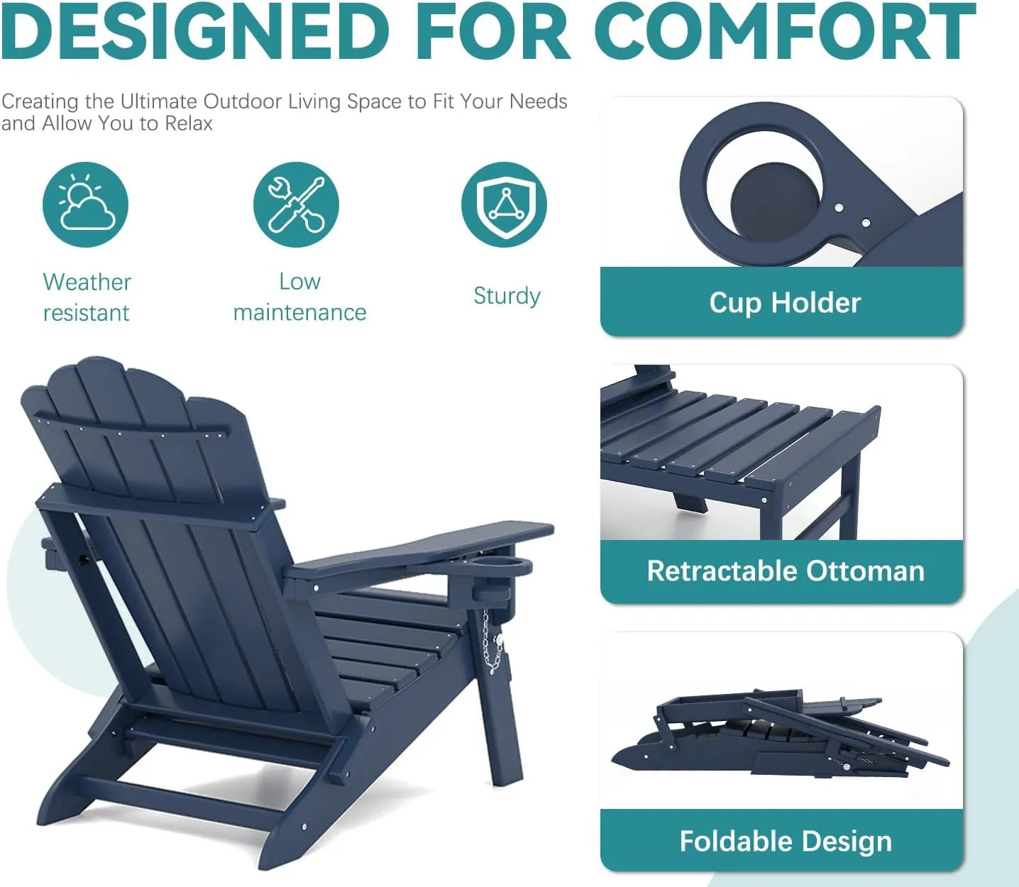 FOOWIN Adjustable Adirondack Chair with Retractable Ottoman, Folding Adirondack Chair with Cup Holder, HDPE All-Weather Fire Pit Chair for Patio, Yard, Poolside, Navy Blue