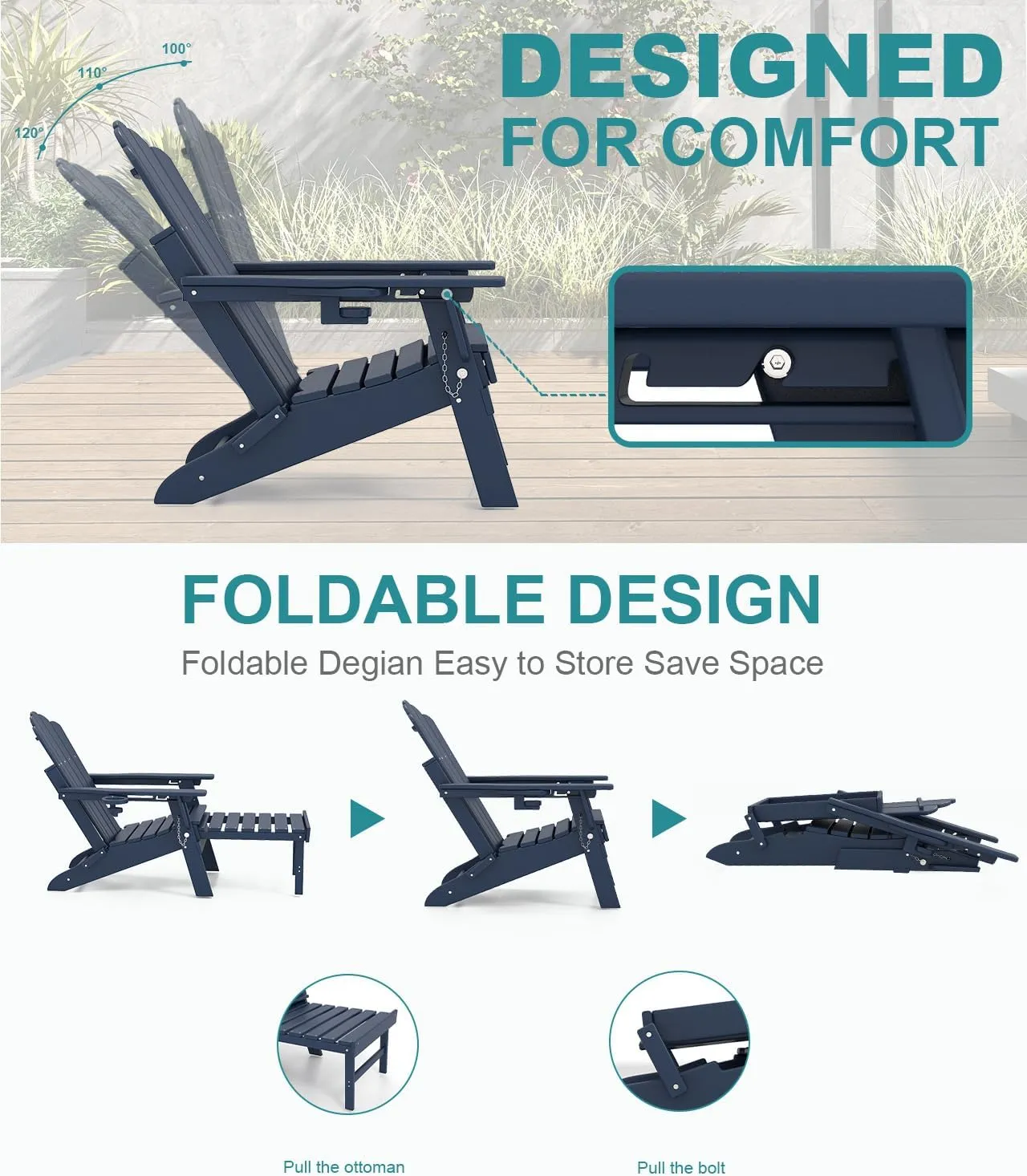 FOOWIN Adjustable Adirondack Chair with Retractable Ottoman, Folding Adirondack Chair with Cup Holder, HDPE All-Weather Fire Pit Chair for Patio, Yard, Poolside, Navy Blue