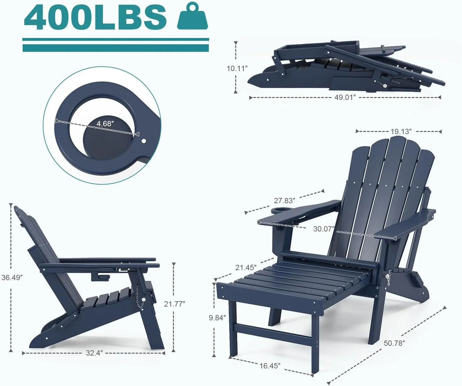 FOOWIN Adjustable Adirondack Chair with Retractable Ottoman, Folding Adirondack Chair with Cup Holder, HDPE All-Weather Fire Pit Chair for Patio, Yard, Poolside, Navy Blue