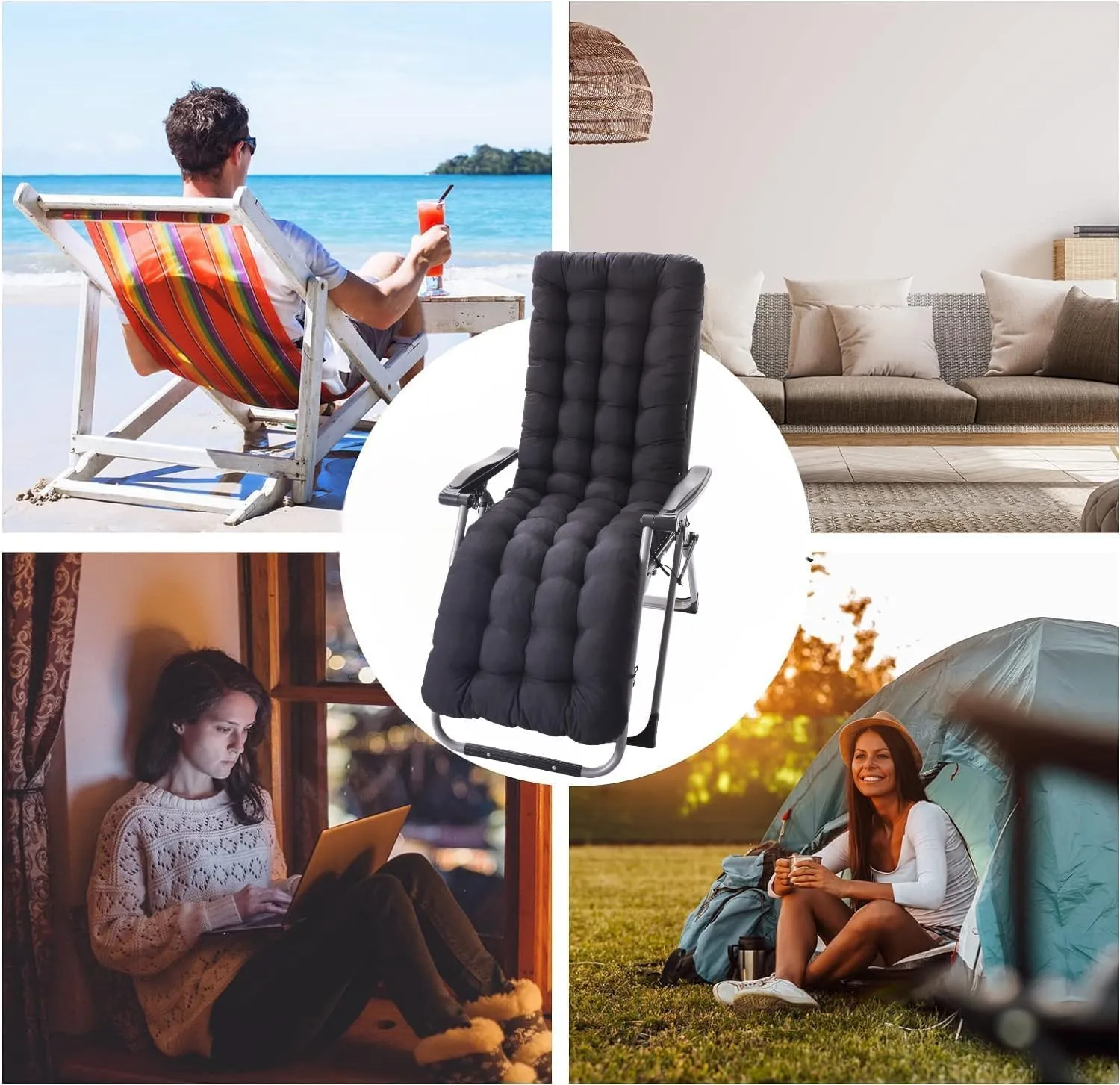Garden Sun Lounger Cushions Only, Reclining Sun Lounger Cushion Pads Non-Slip Thickened Outdoor Chair Cushions Outdoor Mattress Recliner Quilted Thick Padded Seat Cushion (Grey)