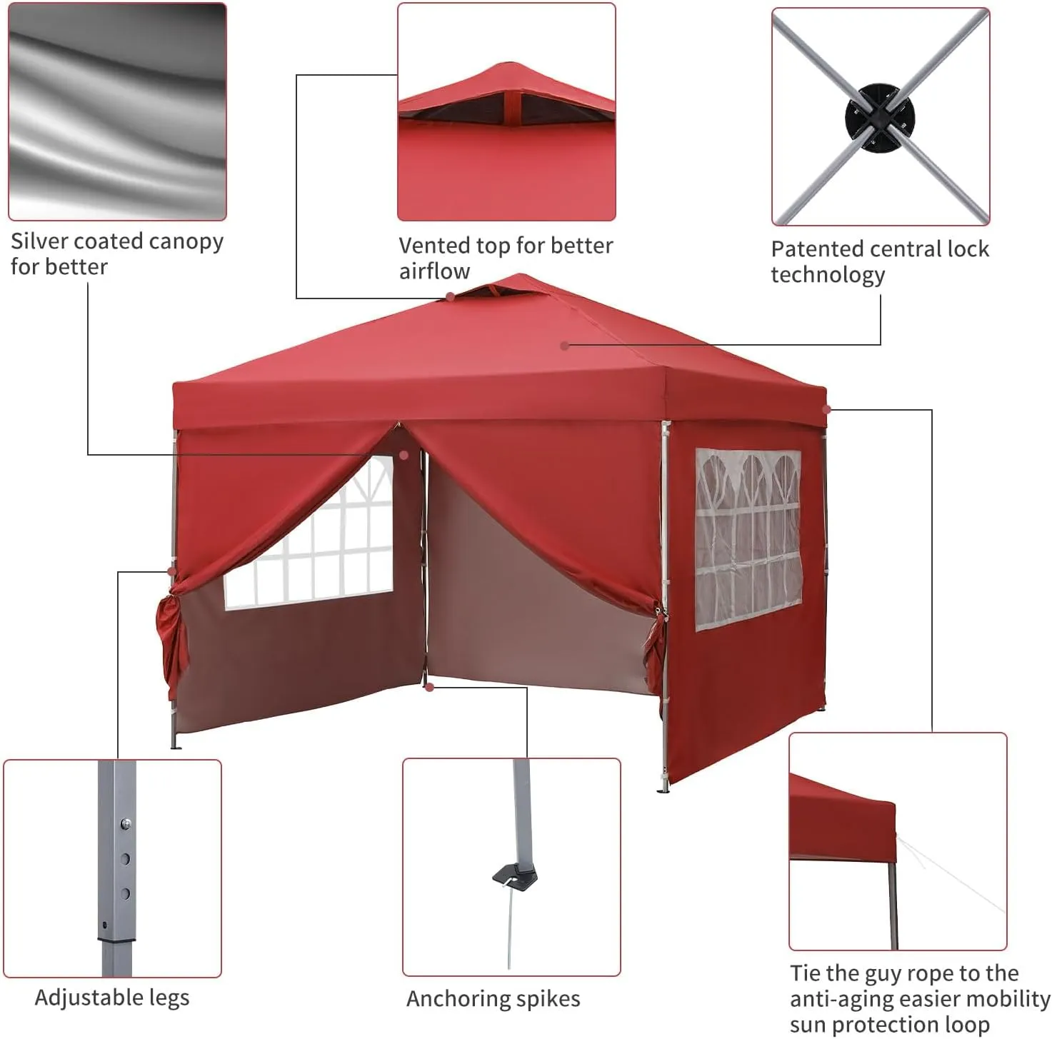 GDY 10x10 Ft Outdoor Pop Up Canopy Tent, Patio Tent, Commercial Portable Instant Folding Shelter Gazebos, Canopies with Wheeled Carrying Bag, Red.