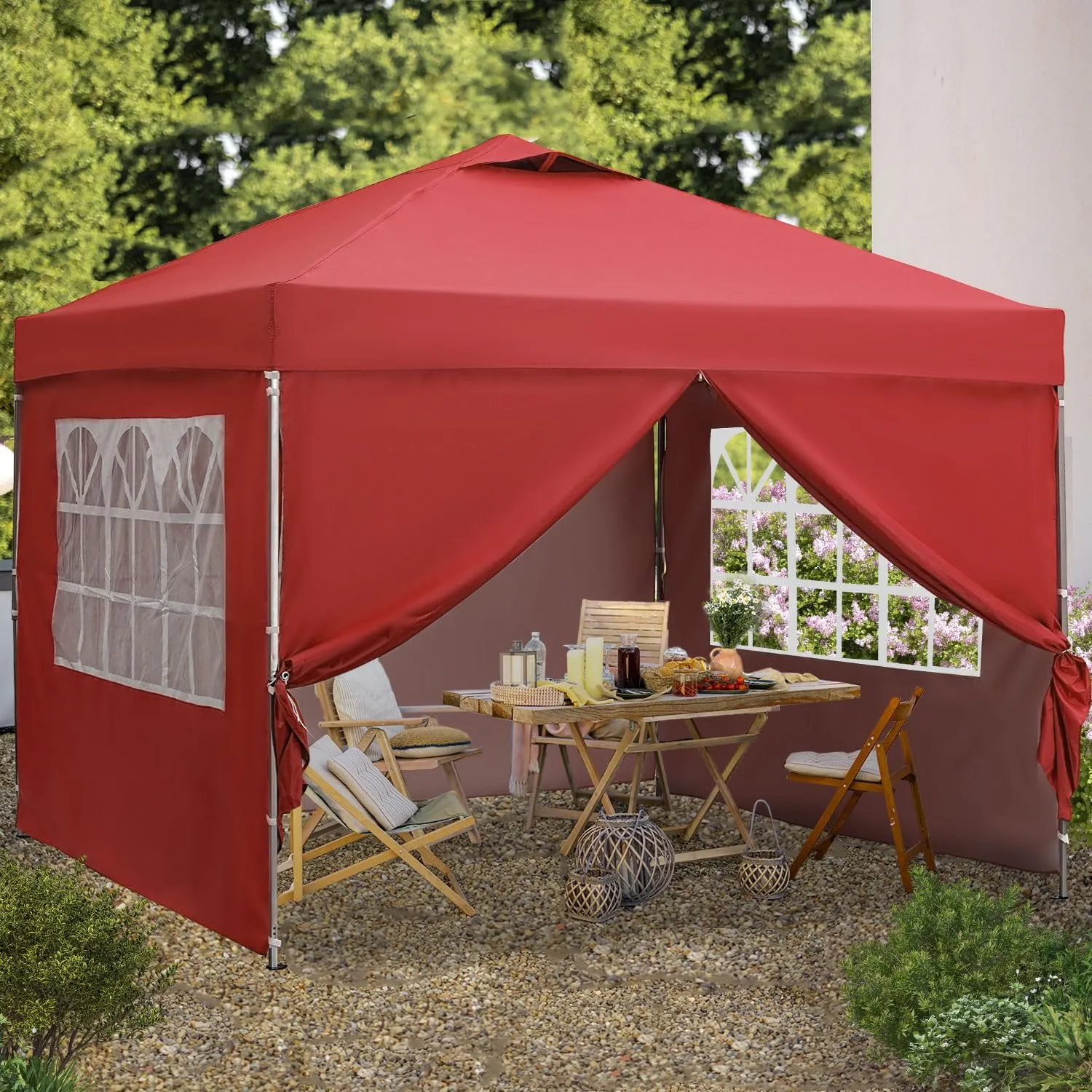 GDY 10x10 Ft Outdoor Pop Up Canopy Tent, Patio Tent, Commercial Portable Instant Folding Shelter Gazebos, Canopies with Wheeled Carrying Bag, Red.