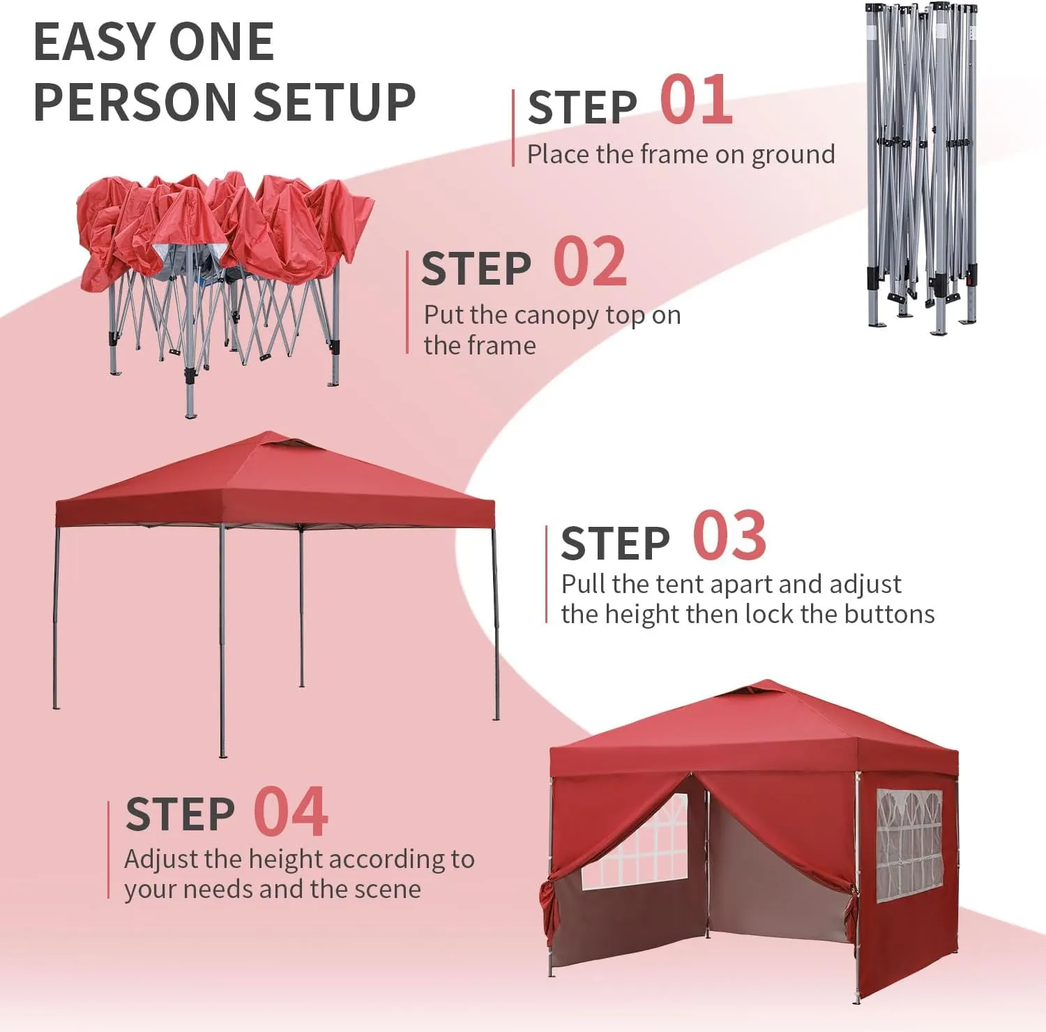GDY 10x10 Ft Outdoor Pop Up Canopy Tent, Patio Tent, Commercial Portable Instant Folding Shelter Gazebos, Canopies with Wheeled Carrying Bag, Red.