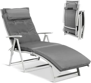 Giantex Chaise Lounge Chair for Outside, Pool Folding Reclining Beach Chair W/Removable Cushion&Headrest Pillow, Outdoor Lounge Chaise w/ 7 Backrest Positions, Portable Patio Lounger (1, Grey)