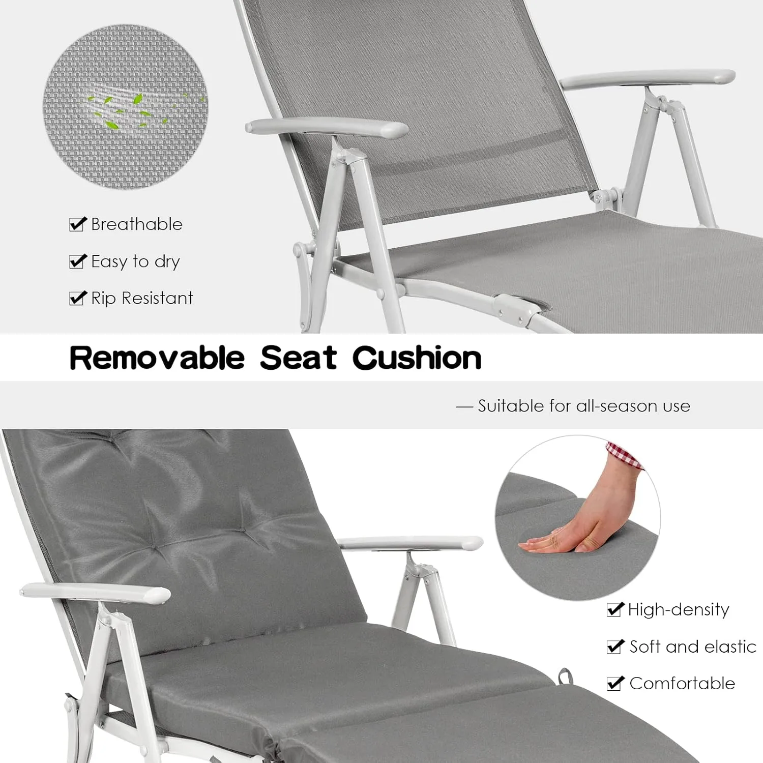 Giantex Chaise Lounge Chair for Outside, Pool Folding Reclining Beach Chair W/Removable Cushion&Headrest Pillow, Outdoor Lounge Chaise w/ 7 Backrest Positions, Portable Patio Lounger (1, Grey)