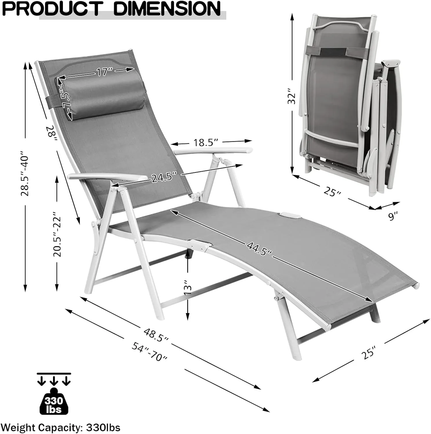 Giantex Chaise Lounge Chair for Outside, Pool Folding Reclining Beach Chair W/Removable Cushion&Headrest Pillow, Outdoor Lounge Chaise w/ 7 Backrest Positions, Portable Patio Lounger (1, Grey)