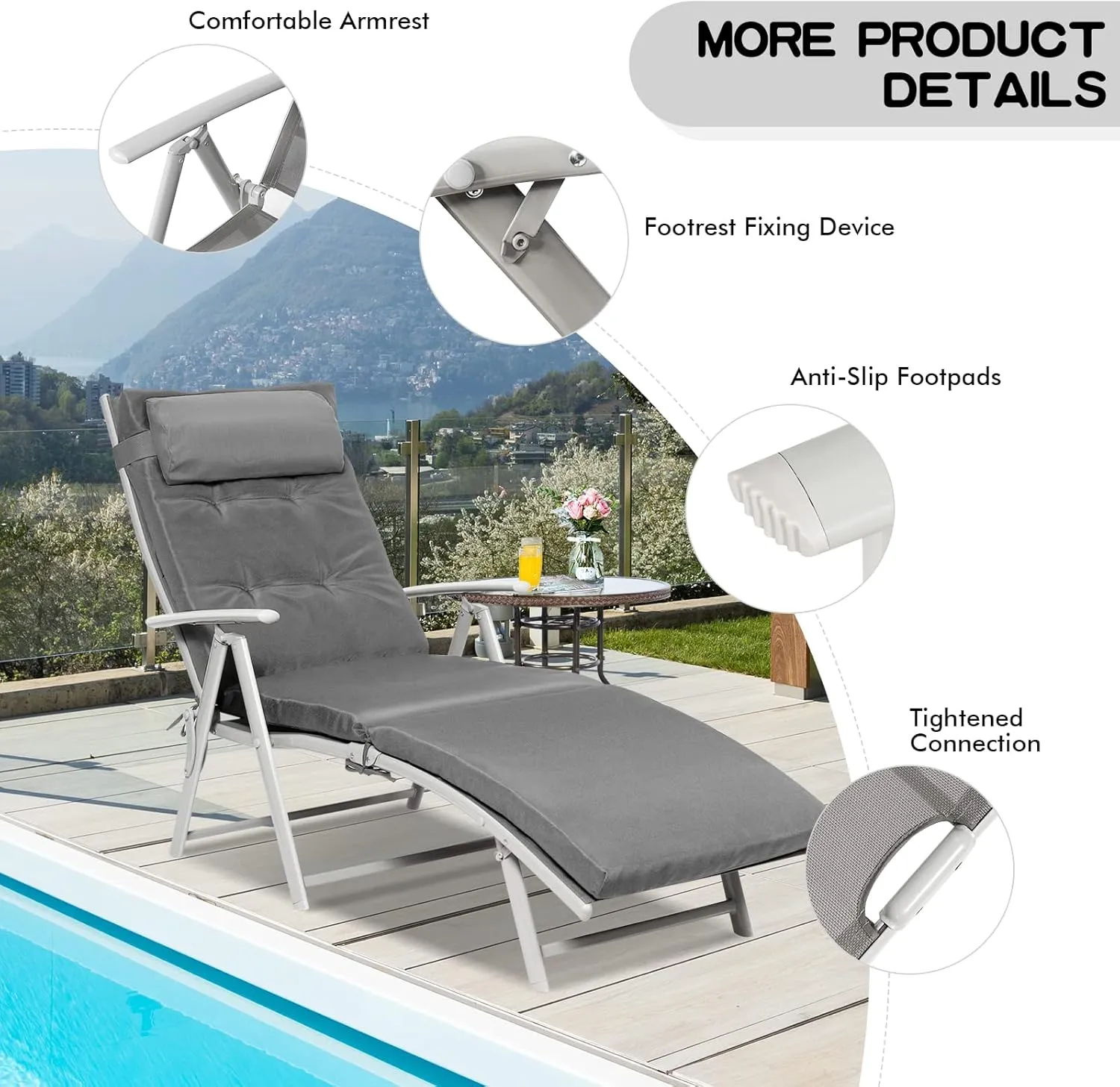 Giantex Chaise Lounge Chair for Outside, Pool Folding Reclining Beach Chair W/Removable Cushion&Headrest Pillow, Outdoor Lounge Chaise w/ 7 Backrest Positions, Portable Patio Lounger (1, Grey)