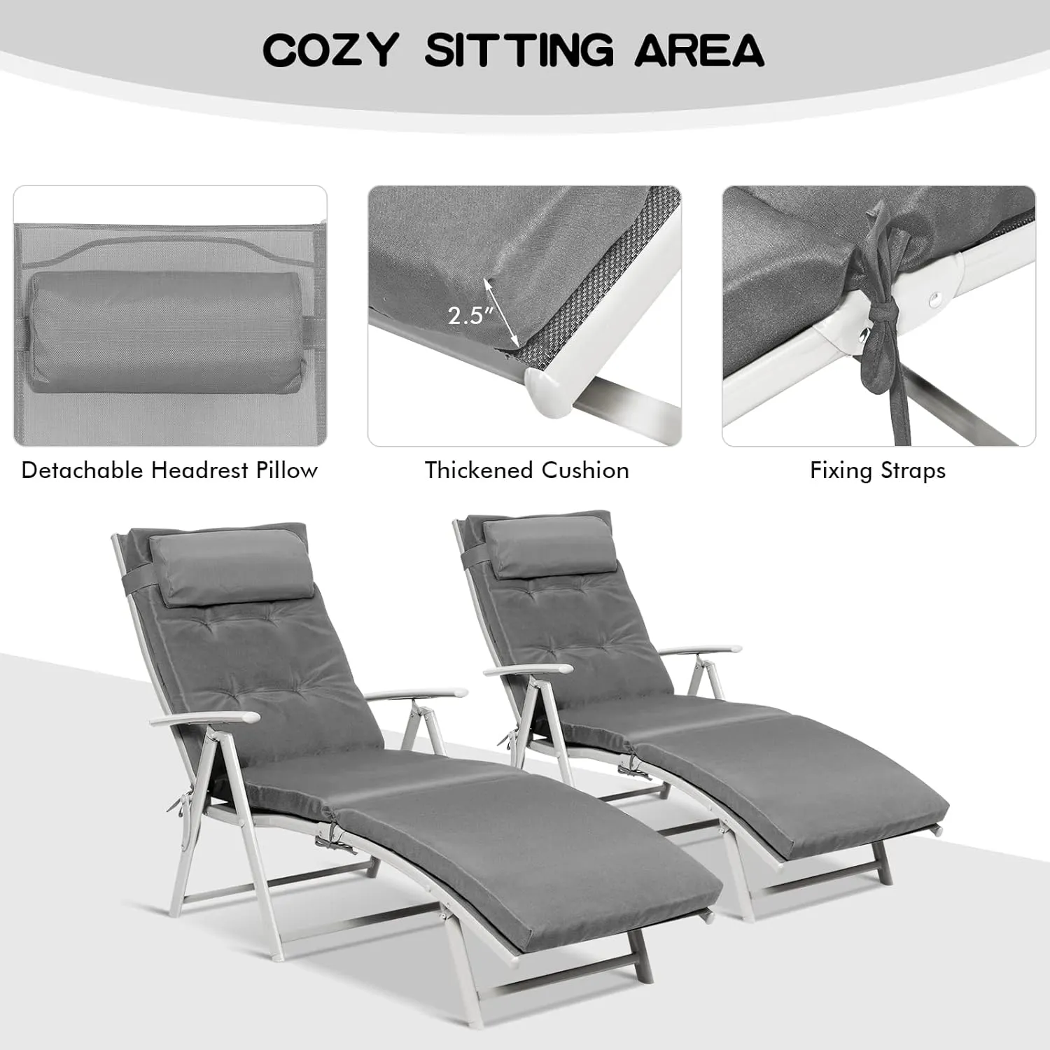 Giantex Chaise Lounge Chair for Outside, Pool Folding Reclining Beach Chair W/Removable Cushion&Headrest Pillow, Outdoor Lounge Chaise w/ 7 Backrest Positions, Portable Patio Lounger (1, Grey)