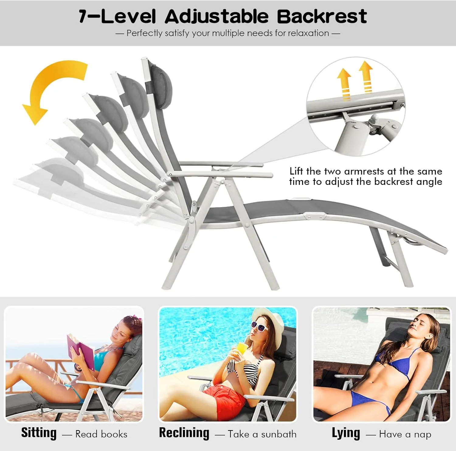 Giantex Chaise Lounge Chair for Outside, Pool Folding Reclining Beach Chair W/Removable Cushion&Headrest Pillow, Outdoor Lounge Chaise w/ 7 Backrest Positions, Portable Patio Lounger (1, Grey)