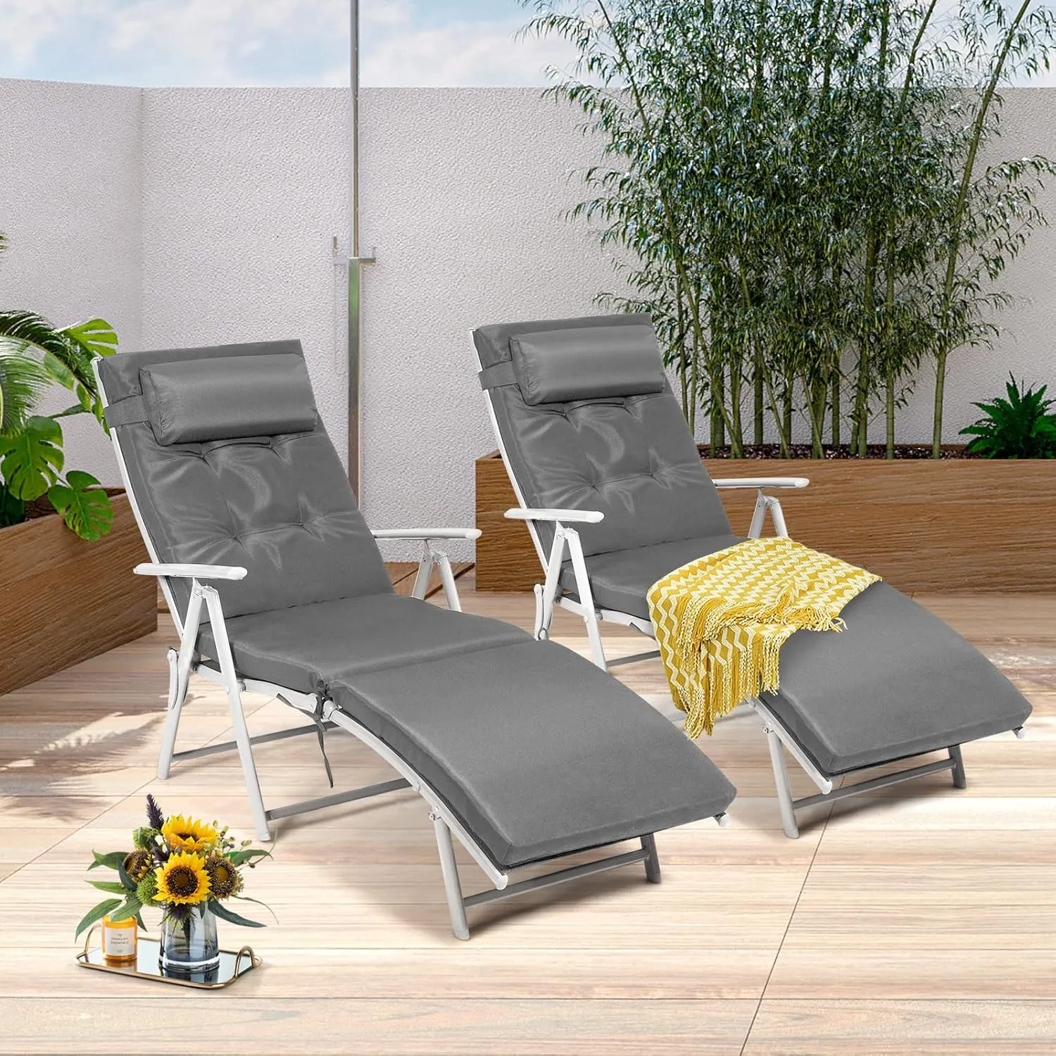 Giantex Chaise Lounge Chair for Outside, Pool Folding Reclining Beach Chair W/Removable Cushion&Headrest Pillow, Outdoor Lounge Chaise w/ 7 Backrest Positions, Portable Patio Lounger (1, Grey)