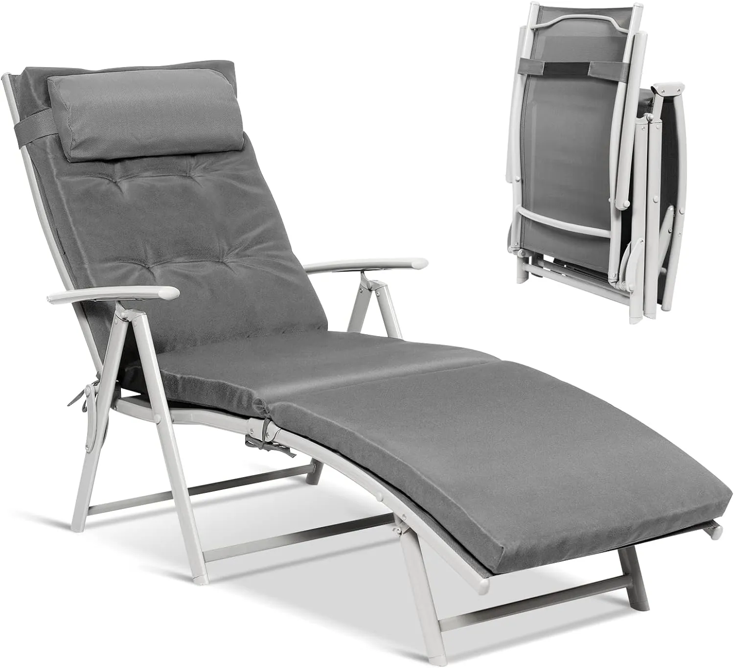 Giantex Chaise Lounge Chair for Outside, Pool Folding Reclining Beach Chair W/Removable Cushion&Headrest Pillow, Outdoor Lounge Chaise w/ 7 Backrest Positions, Portable Patio Lounger (1, Grey)