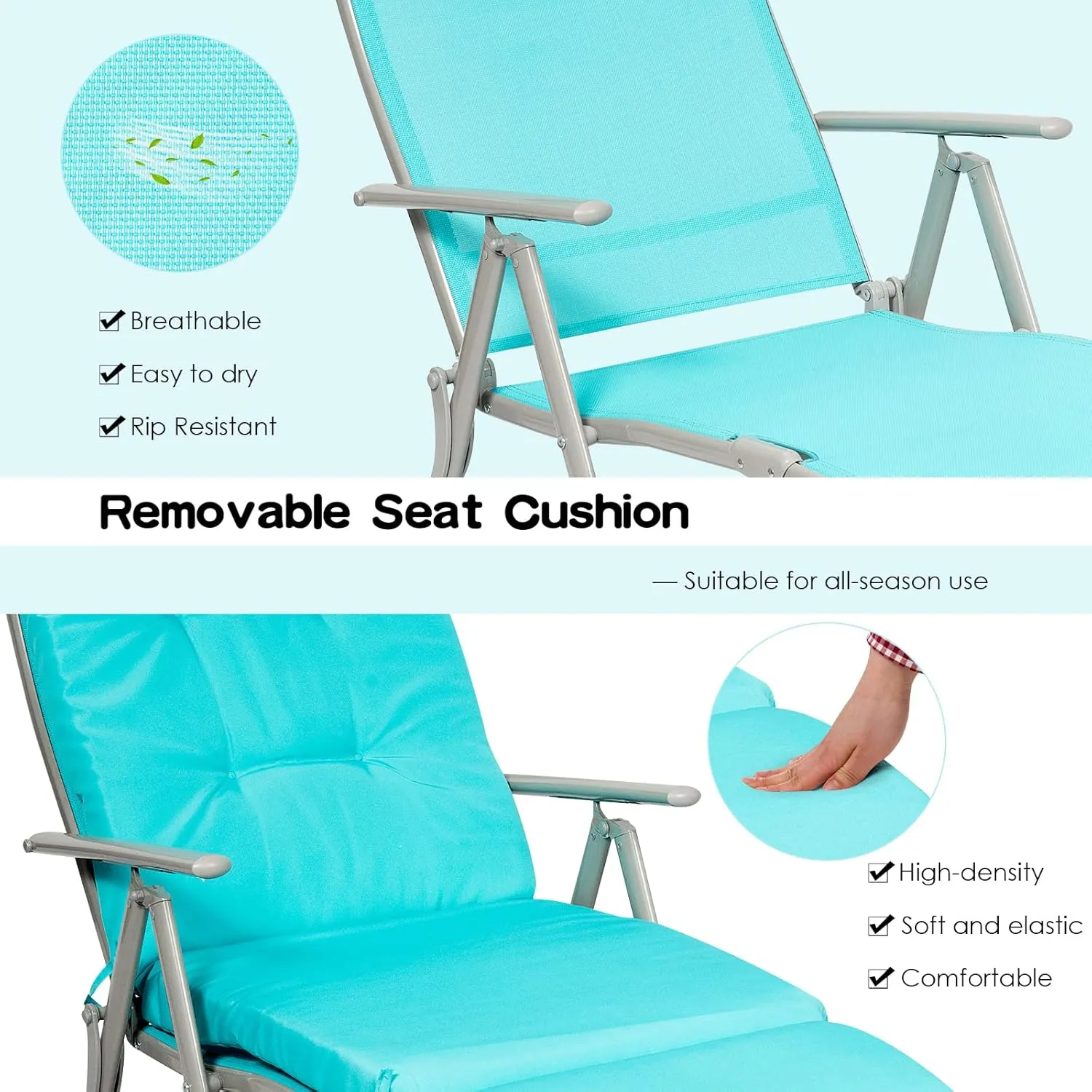 Giantex Chaise Lounge Chair for Outside, Pool Folding Reclining Beach Chair W/Removable Cushion&Headrest Pillow, Outdoor Lounge Chaise w/ 7 Backrest Positions, Portable Patio Lounger (1, Turquoise)