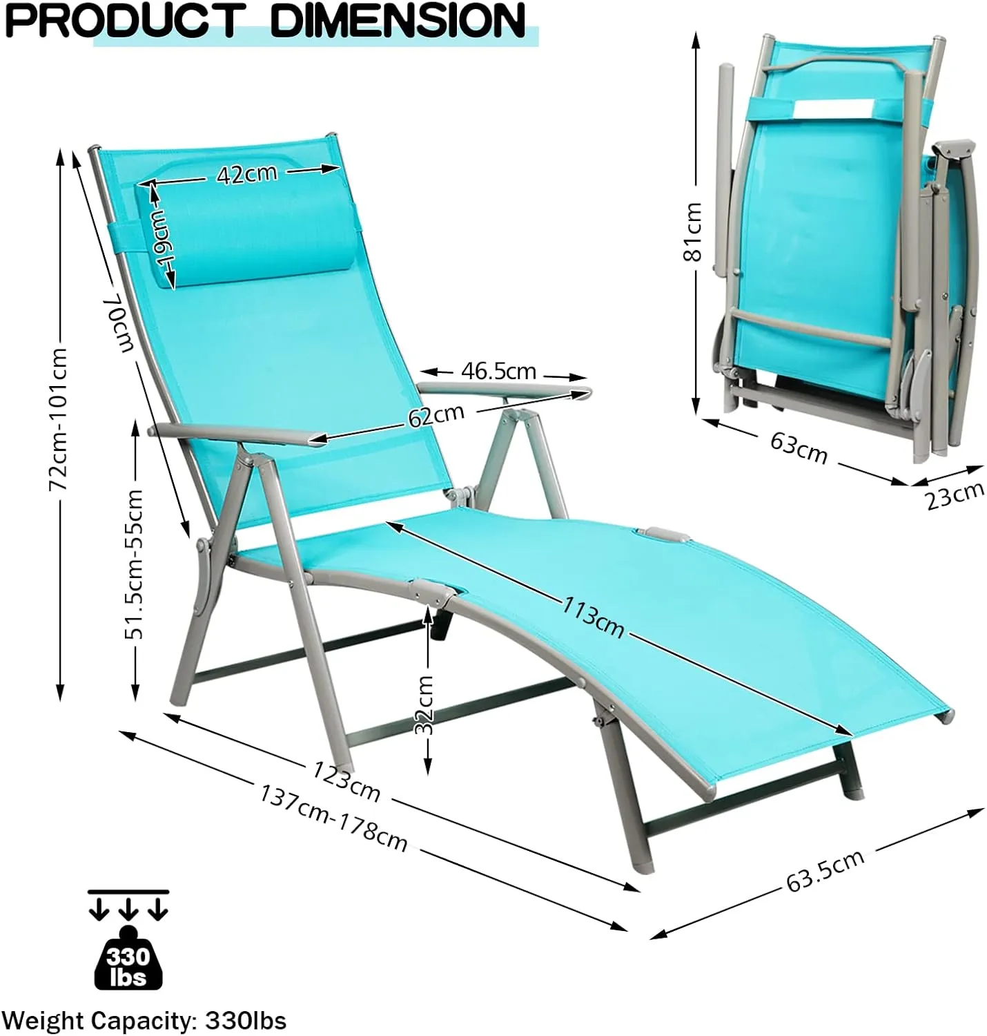 Giantex Chaise Lounge Chair for Outside, Pool Folding Reclining Beach Chair W/Removable Cushion&Headrest Pillow, Outdoor Lounge Chaise w/ 7 Backrest Positions, Portable Patio Lounger (1, Turquoise)