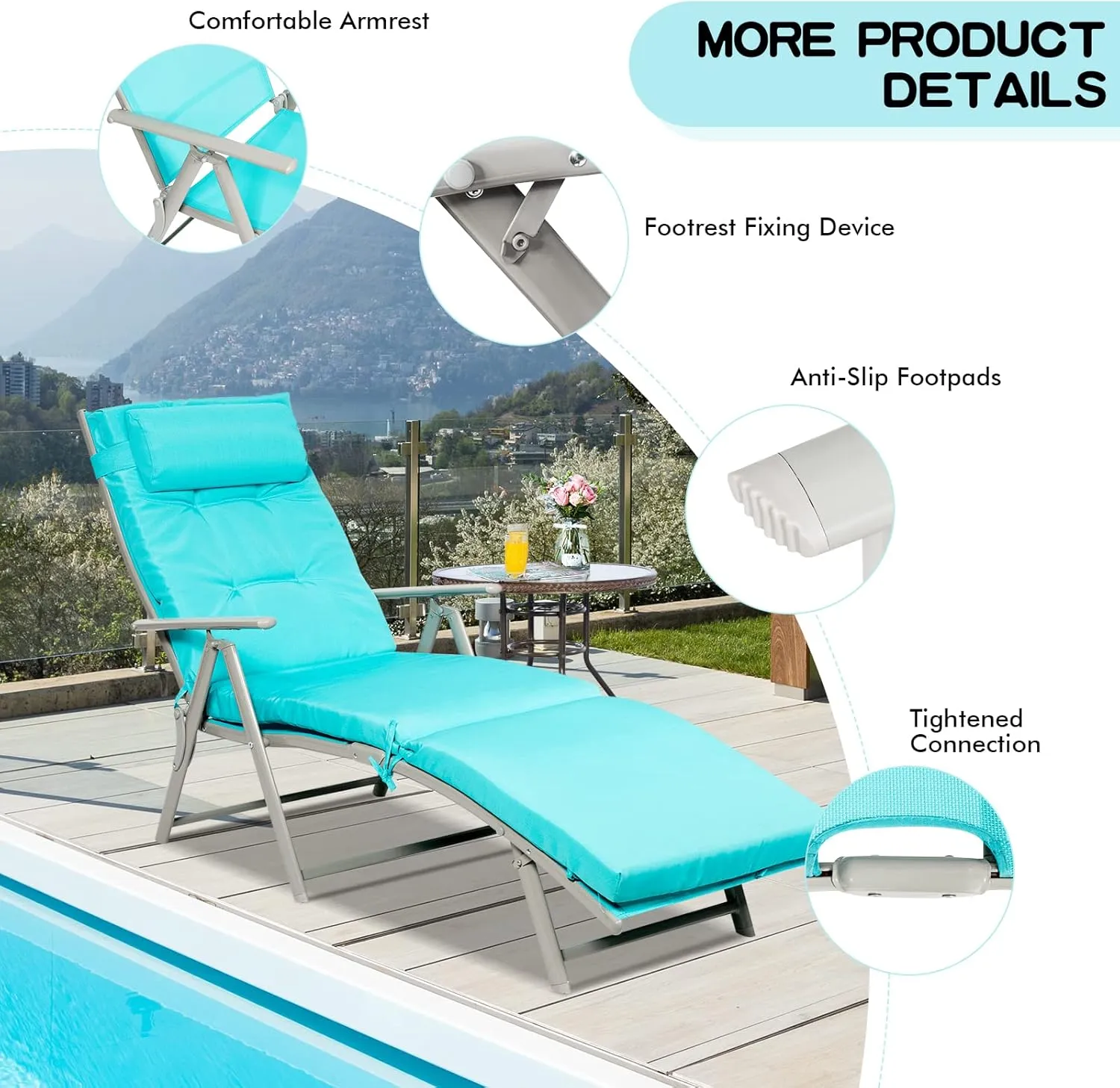 Giantex Chaise Lounge Chair for Outside, Pool Folding Reclining Beach Chair W/Removable Cushion&Headrest Pillow, Outdoor Lounge Chaise w/ 7 Backrest Positions, Portable Patio Lounger (1, Turquoise)