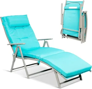 Giantex Chaise Lounge Chair for Outside, Pool Folding Reclining Beach Chair W/Removable Cushion&Headrest Pillow, Outdoor Lounge Chaise w/ 7 Backrest Positions, Portable Patio Lounger (1, Turquoise)