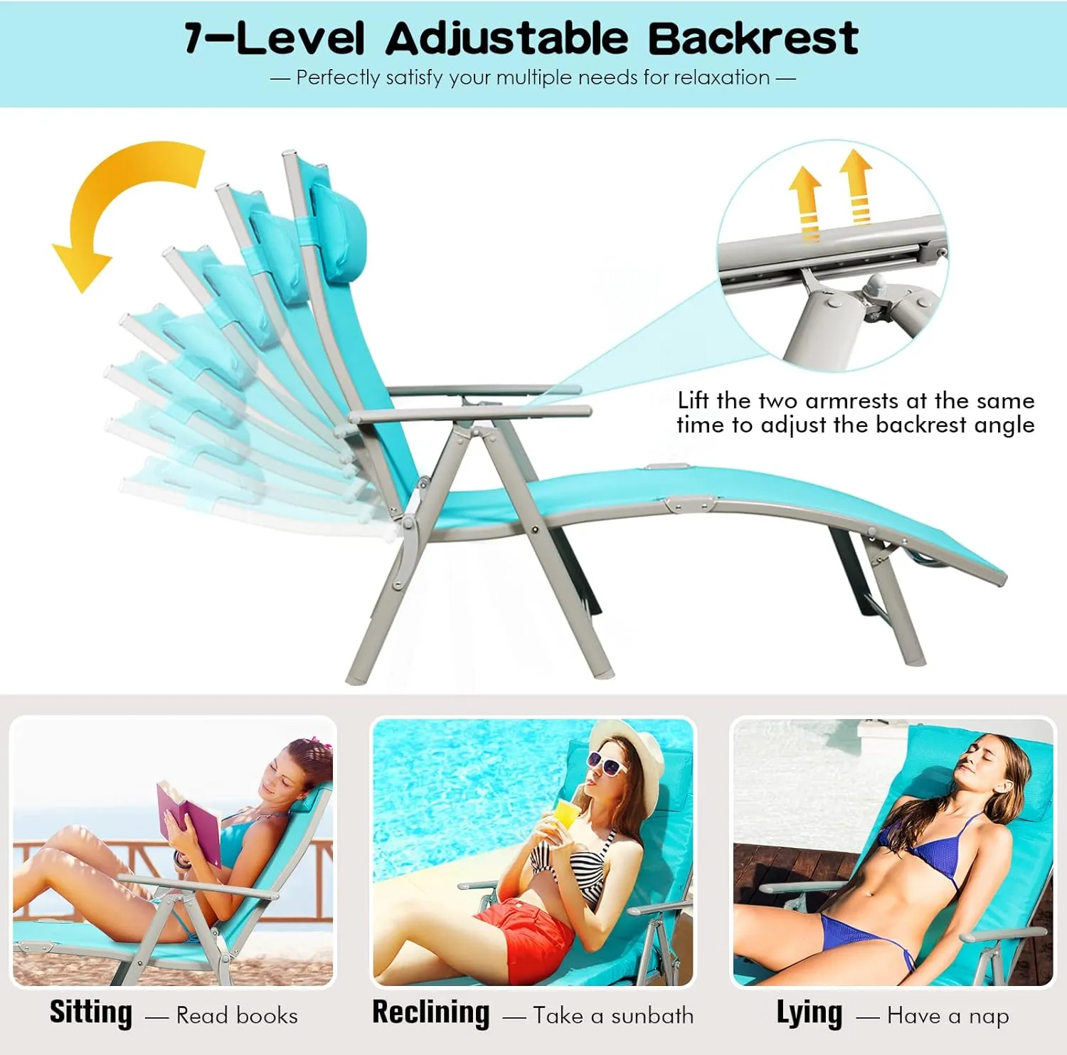 Giantex Chaise Lounge Chair for Outside, Pool Folding Reclining Beach Chair W/Removable Cushion&Headrest Pillow, Outdoor Lounge Chaise w/ 7 Backrest Positions, Portable Patio Lounger (1, Turquoise)