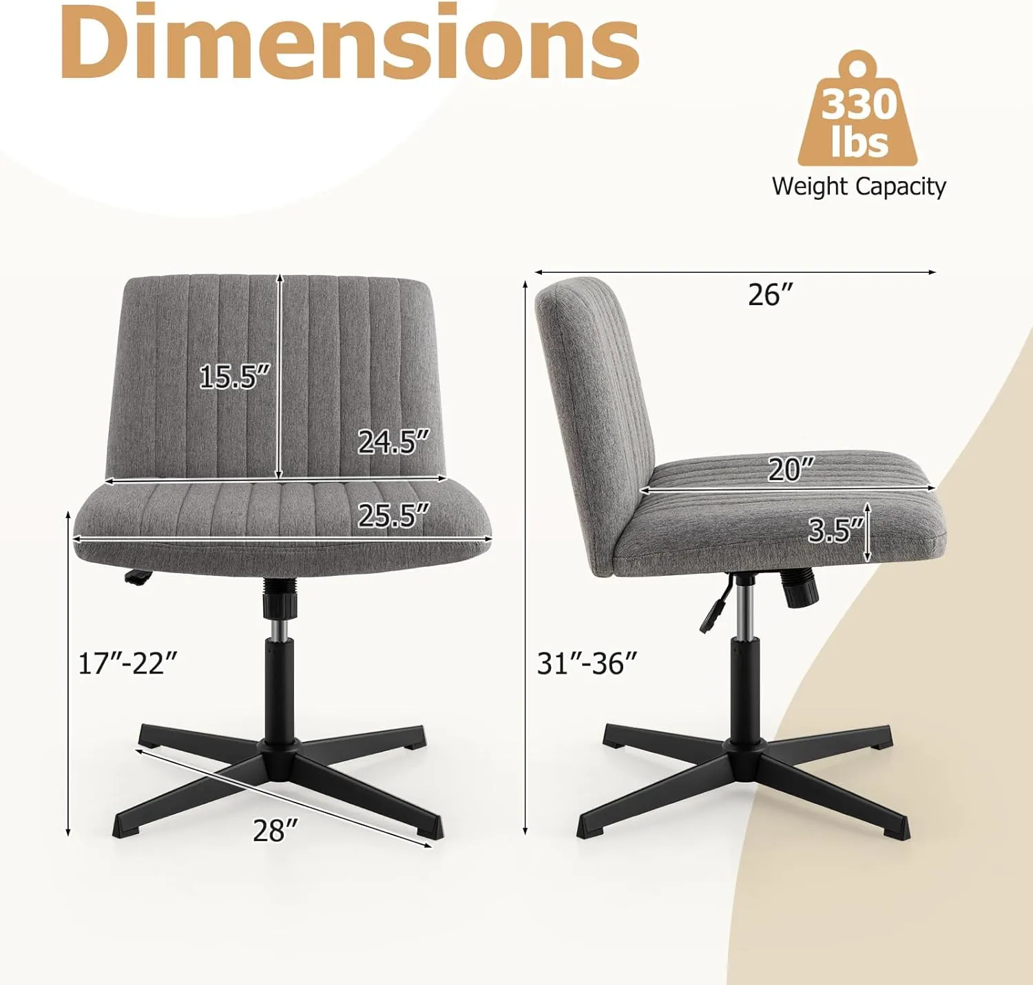Giantex Criss Cross Chair, Fabric Cross Legged Office Desk Chairs No Wheels, Comfy Armless Makeup Vanity Chair, Adjustable Height, Mid Back Wide Seat Computer Swivel Task Chair for Home Office (Grey)