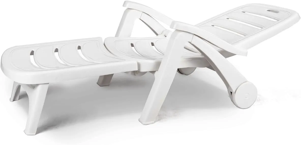 Giantex Folding Lounger Chaise Chair on Wheels Outdoor Patio Deck Chair Adjustable Rolling Lounger 5 Position Recliner w/Armrests (1, White)