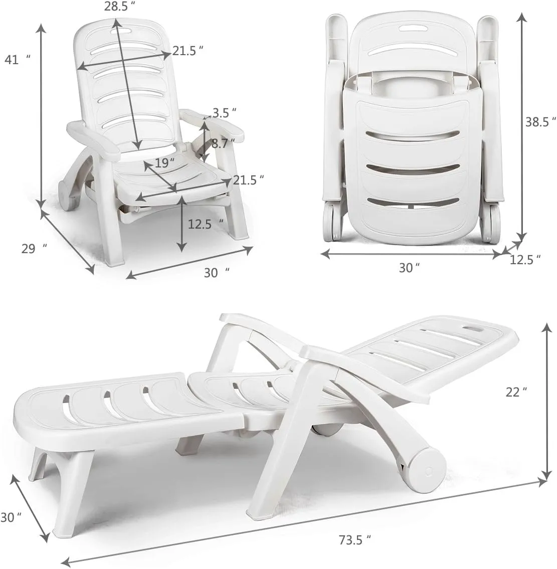 Giantex Folding Lounger Chaise Chair on Wheels Outdoor Patio Deck Chair Adjustable Rolling Lounger 5 Position Recliner w/Armrests (1, White)