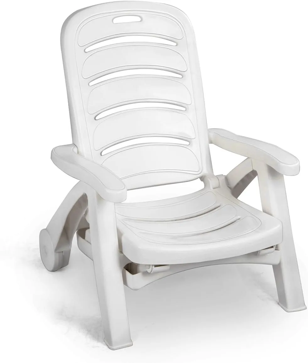 Giantex Folding Lounger Chaise Chair on Wheels Outdoor Patio Deck Chair Adjustable Rolling Lounger 5 Position Recliner w/Armrests (1, White)