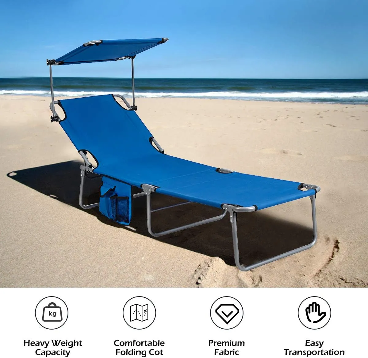 Giantex Tanning Chair, Patio Chaise Lounge Chair with 5 Adjustable Position, Shade Canopy, Storage Pocket, Camping Cot, Outdoor Sunbathing Recliner for Poolside, Lawn Folding Beach Chairs(2, Navy)