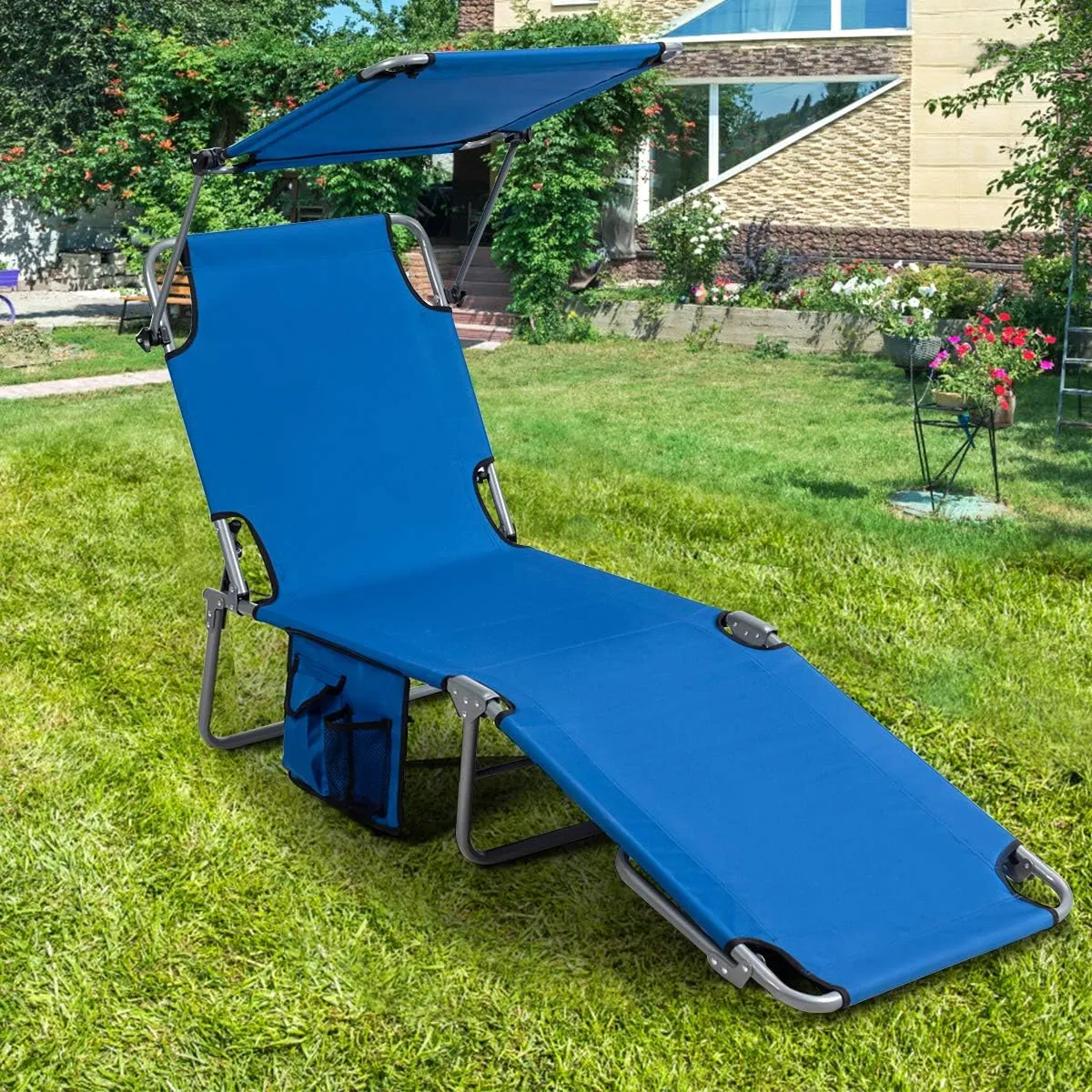 Giantex Tanning Chair, Patio Chaise Lounge Chair with 5 Adjustable Position, Shade Canopy, Storage Pocket, Camping Cot, Outdoor Sunbathing Recliner for Poolside, Lawn Folding Beach Chairs(2, Navy)