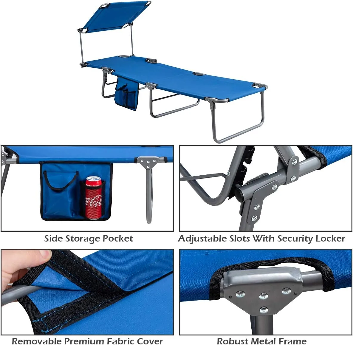 Giantex Tanning Chair, Patio Chaise Lounge Chair with 5 Adjustable Position, Shade Canopy, Storage Pocket, Camping Cot, Outdoor Sunbathing Recliner for Poolside, Lawn Folding Beach Chairs(2, Navy)