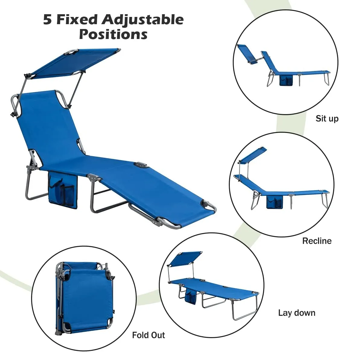 Giantex Tanning Chair, Patio Chaise Lounge Chair with 5 Adjustable Position, Shade Canopy, Storage Pocket, Camping Cot, Outdoor Sunbathing Recliner for Poolside, Lawn Folding Beach Chairs(2, Navy)