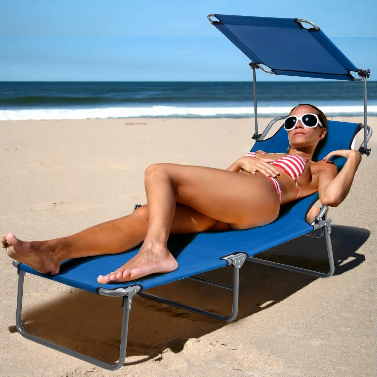Giantex Tanning Chair, Patio Chaise Lounge Chair with 5 Adjustable Position, Shade Canopy, Storage Pocket, Camping Cot, Outdoor Sunbathing Recliner for Poolside, Lawn Folding Beach Chairs(2, Navy)