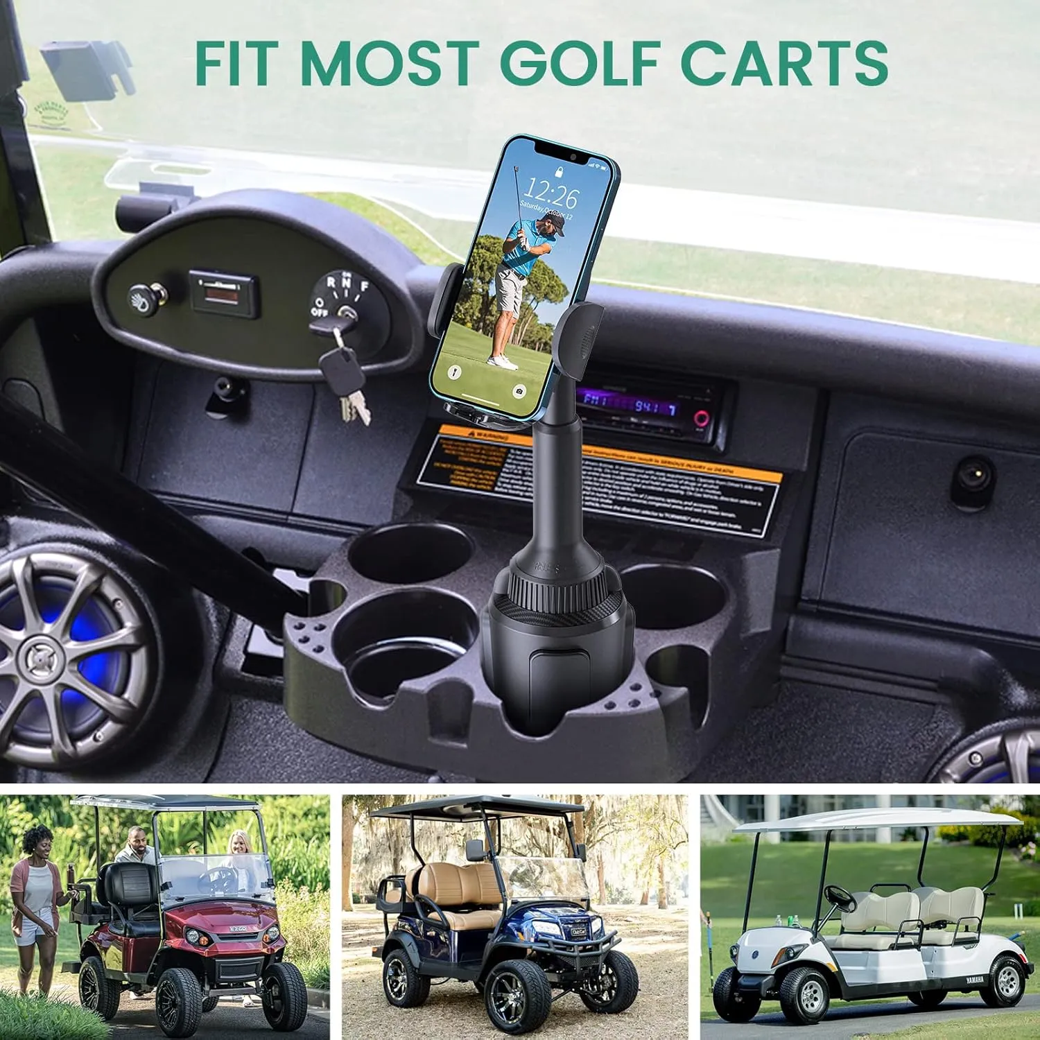 Golf Cart Phone Holder Mount, Golf Cart Accessories Universal Cup Phone Holder Mount for All 4.7-6.8" Cell Phones, Fit EZGO Club Car Yamaha, Car, Truck, Golf Gifts for Men, Women