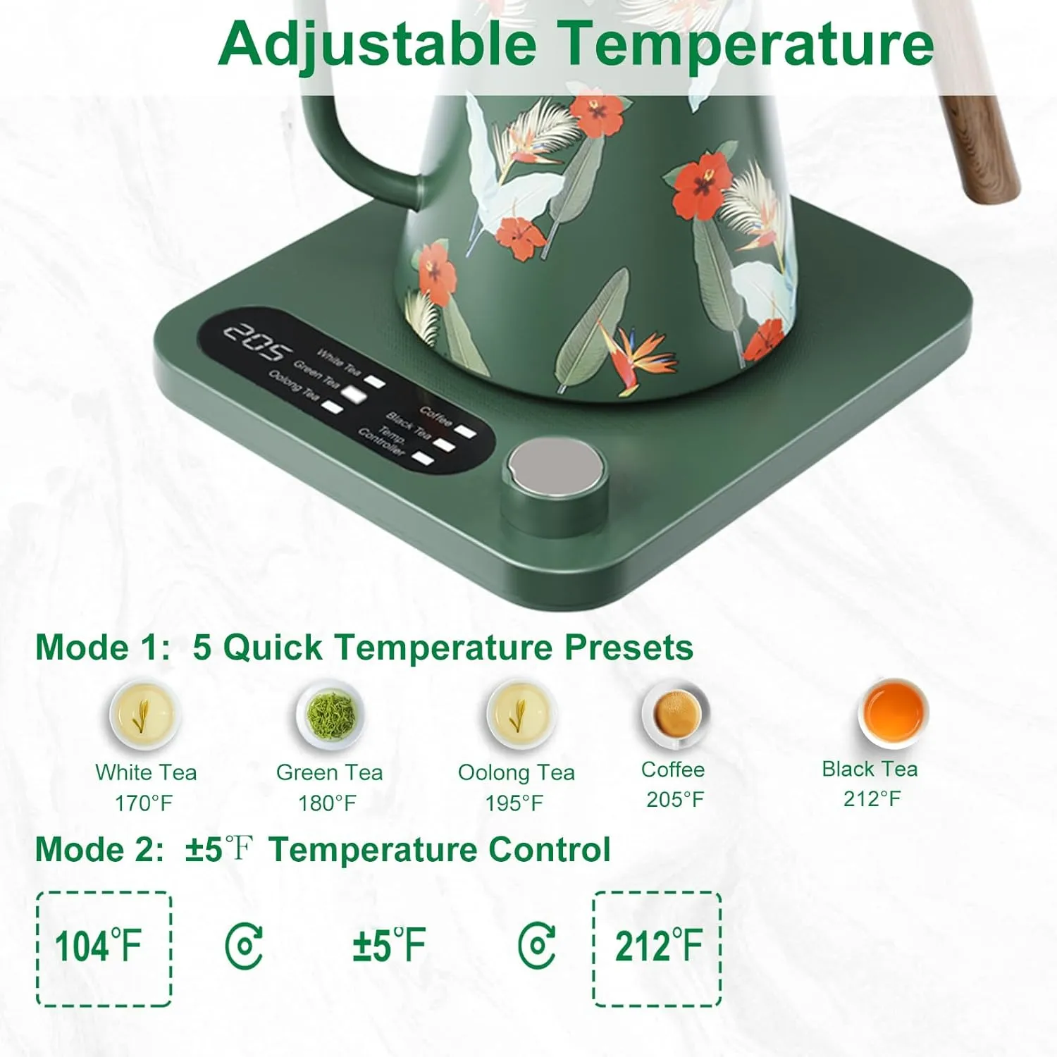 Gooseneck Electric Kettle - 1200W Quick Boil, Temp Control with 6 Presets & ±5℉ Adjustment, Accurate Pouring, 2H Auto Keep Warm, for Pour Over Coffee & Tea, Stainless Steel, 0.7L, Green