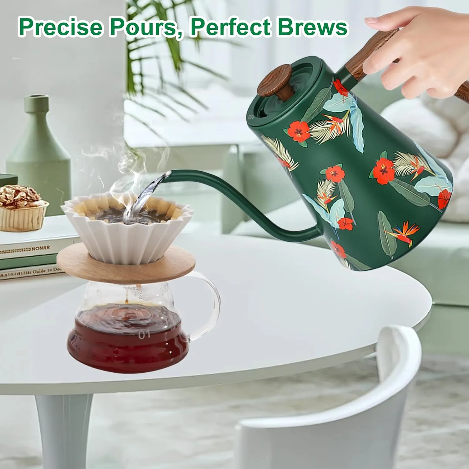 Gooseneck Electric Kettle - 1200W Quick Boil, Temp Control with 6 Presets & ±5℉ Adjustment, Accurate Pouring, 2H Auto Keep Warm, for Pour Over Coffee & Tea, Stainless Steel, 0.7L, Green