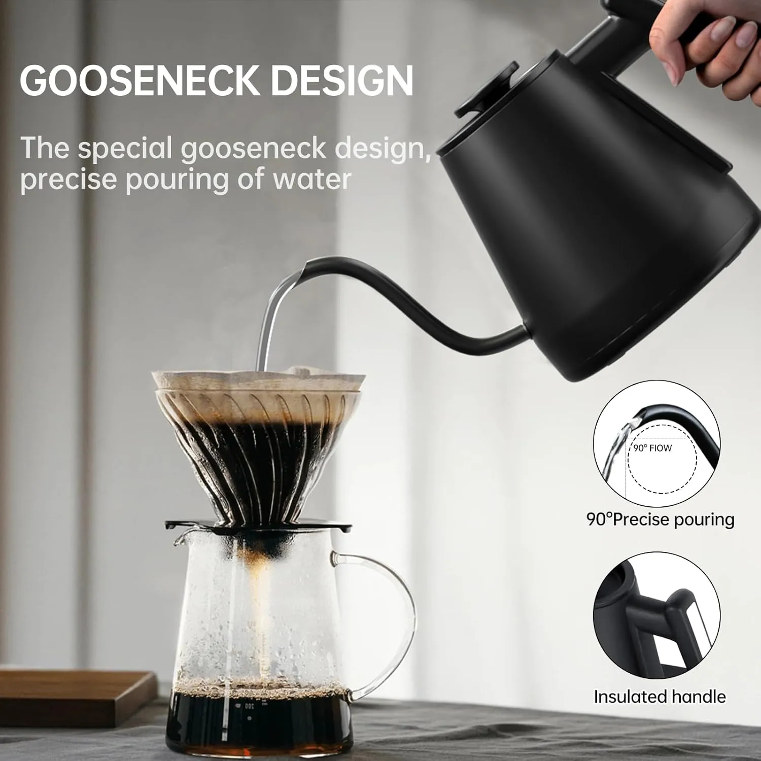 Gooseneck Electric Kettle, Variable Temp Control with 5 Presets & ±5°F Adjustments, 1200W Rapid Boil, 2H Keep Warm, Real-Time Temp Display, Precise Pouring, Coffee & Tea Kettle, Stainless Steel, Black
