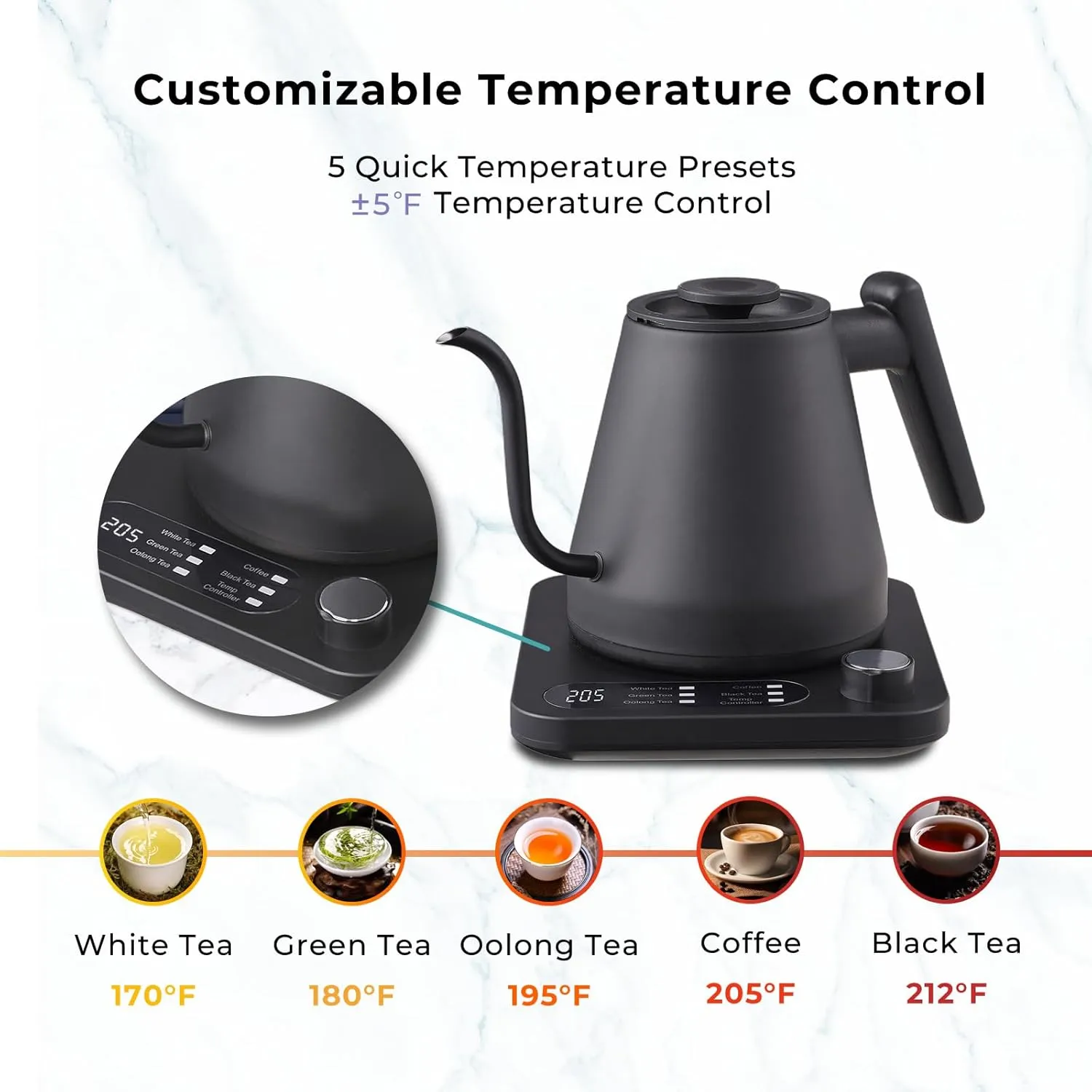 Gooseneck Electric Kettle, Variable Temp Control with 5 Presets & ±5°F Adjustments, 1200W Rapid Boil, 2H Keep Warm, Real-Time Temp Display, Precise Pouring, Coffee & Tea Kettle, Stainless Steel, Black