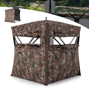 Goplus 360° See Through Hunting Blind, Pop Up 2-3 Person Hunting Tent with Full- Open Door, Silent Sliding Windows, Carry Bag, Portable Camouflage Ground Blind, Deer Bind for Turkey Hunting