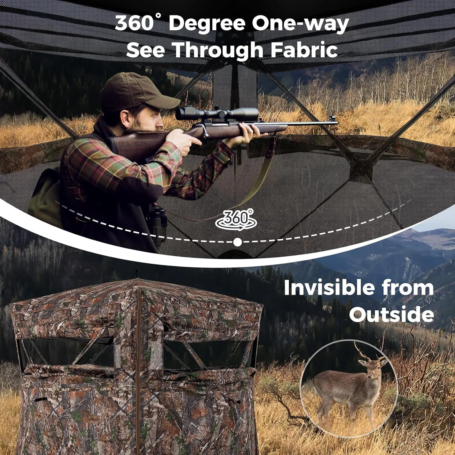 Goplus 360° See Through Hunting Blind, Pop Up 2-3 Person Hunting Tent with Full- Open Door, Silent Sliding Windows, Carry Bag, Portable Camouflage Ground Blind, Deer Bind for Turkey Hunting