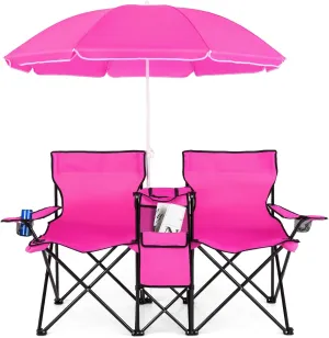 Goplus Double Camping Chair with Umbrella, Folding Loveseat Chairs w/Canopy Shade, Carrying Bag, Table, Cup Holder, Portable Beach Chairs Outdoor Picnic Patio (Pink)