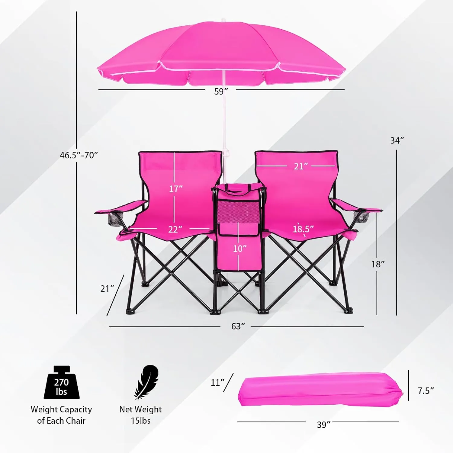 Goplus Double Camping Chair with Umbrella, Folding Loveseat Chairs w/Canopy Shade, Carrying Bag, Table, Cup Holder, Portable Beach Chairs Outdoor Picnic Patio (Pink)