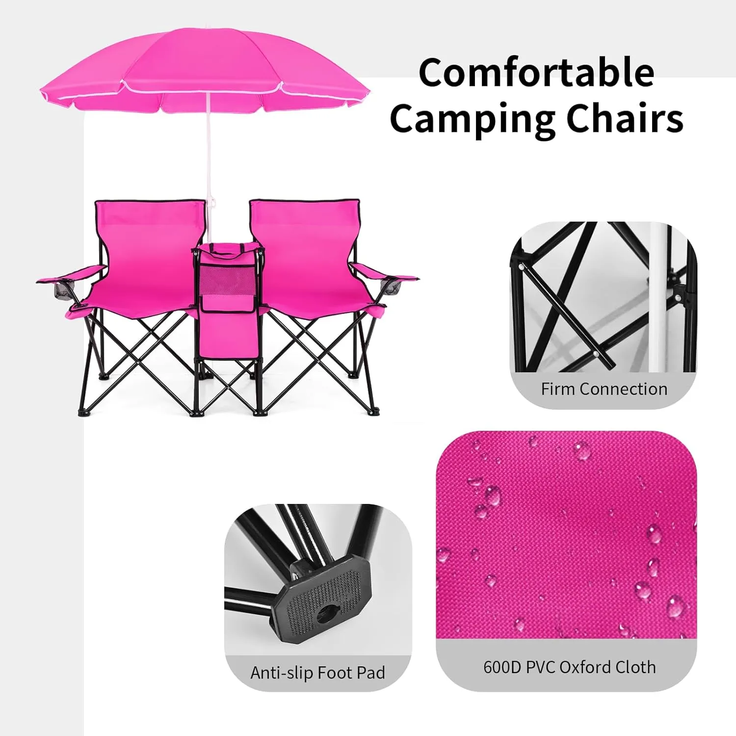 Goplus Double Camping Chair with Umbrella, Folding Loveseat Chairs w/Canopy Shade, Carrying Bag, Table, Cup Holder, Portable Beach Chairs Outdoor Picnic Patio (Pink)