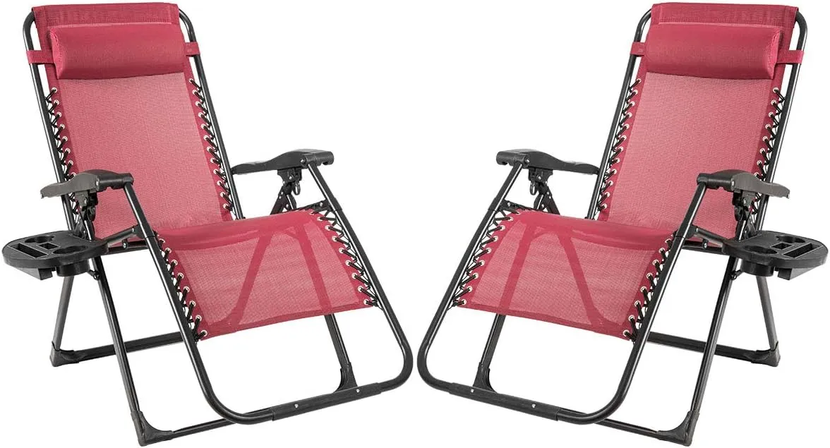 Goplus Oversized Zero Gravity Chair, XL-Extended Version, Outdoor Recliner w/Cup Holder & Detachable Headrest, Foldable Mesh Lounge Chairs for Patio Pool Porch & Deck, 500LBS (Set of 2, Wine)
