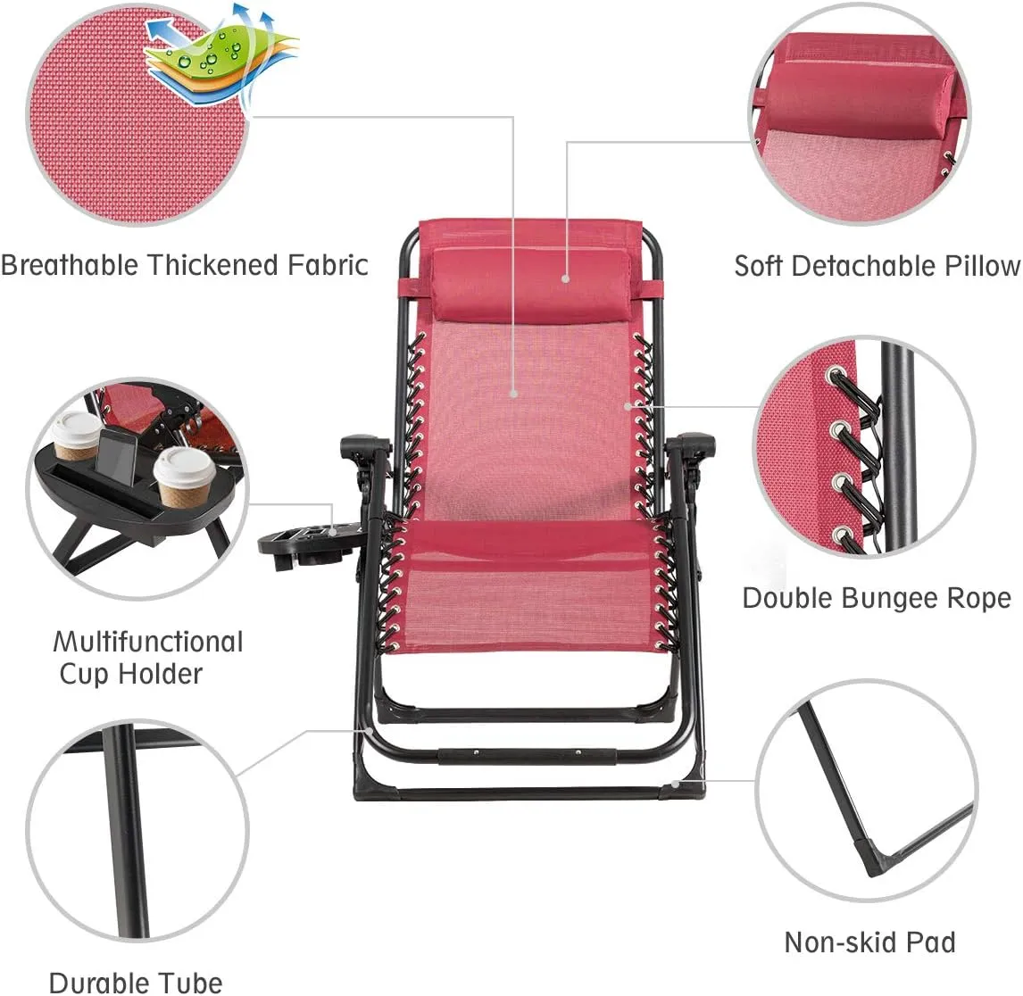 Goplus Oversized Zero Gravity Chair, XL-Extended Version, Outdoor Recliner w/Cup Holder & Detachable Headrest, Foldable Mesh Lounge Chairs for Patio Pool Porch & Deck, 500LBS (Set of 2, Wine)